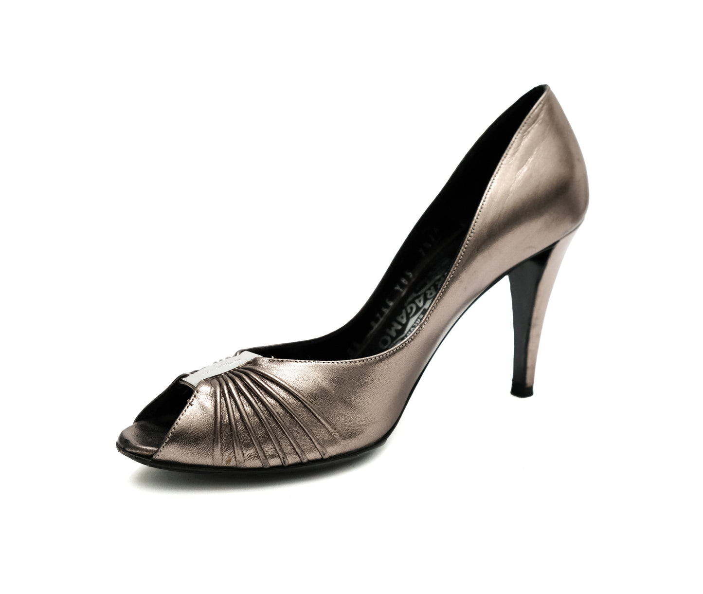 Salvatore Ferragamo Peep Toe Shoes in Silver Leather, UK5.5