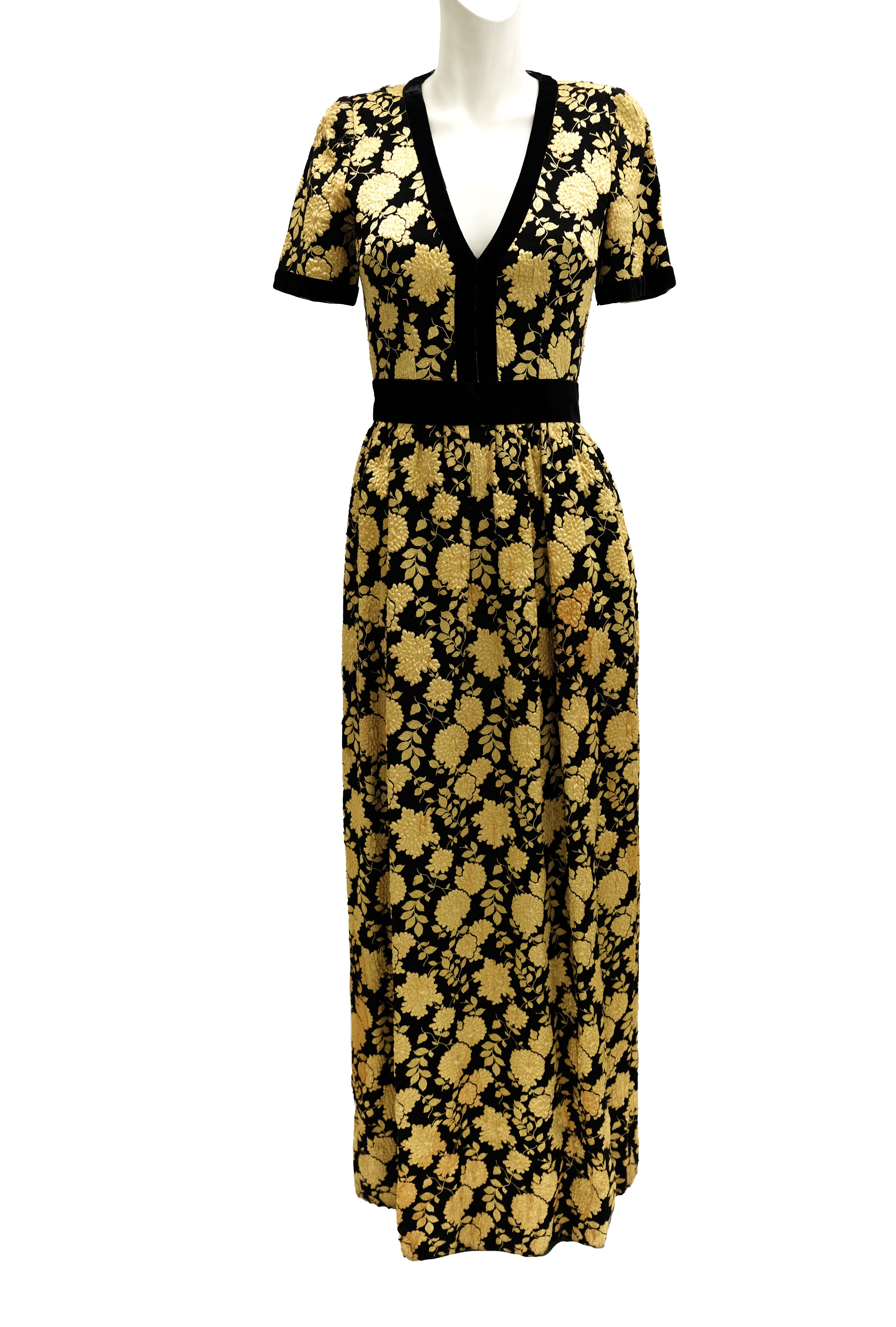 Vintage Handmade Maxi Dress in Black and Gold Chinese Brocade UK10 Menage Modern Vintage