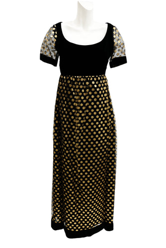 Belinda Bellville Empire Maxi Dress in Black Velvet with Gold Polka Dot Tulle, UK10
