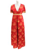 Vintage Handmade Maxi Dress in Red and Gold Chinese Brocade, UK10
