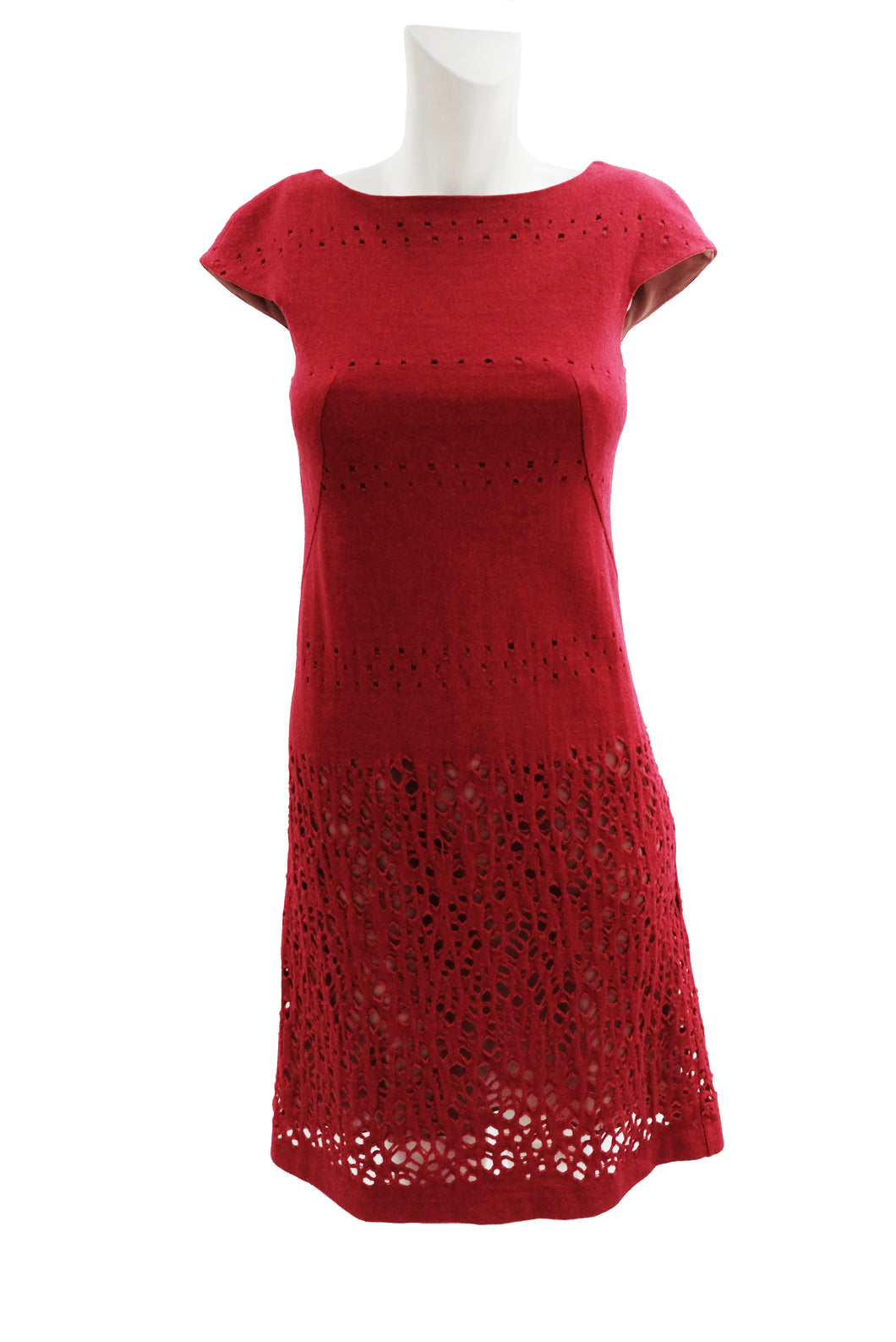 Sybilla Vintage Cut Out Shift Dress in Cherry Red Wool,  UK8-10