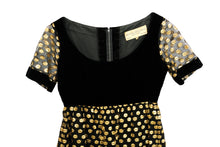 Belinda Bellville Empire Maxi Dress in Black Velvet with Gold Polka Dot Tulle, UK10