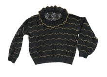 Vintage Hand Knitted Lacy Black Jumper with Gold Stripe, UK10