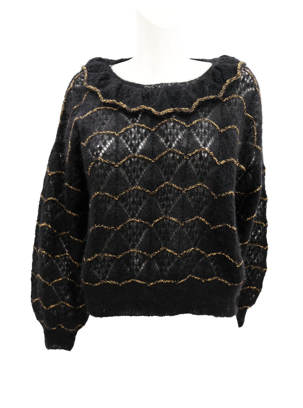 Vintage Hand Knitted Lacy Black Jumper with Gold Stripe, UK10