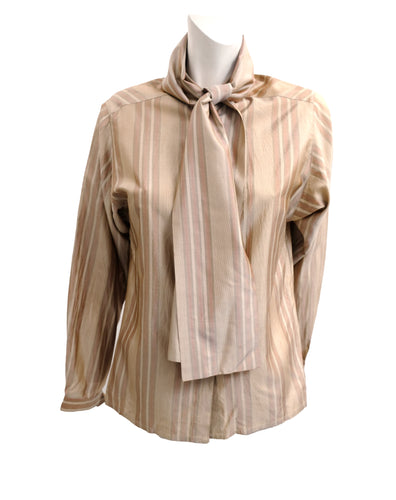 Nina Ricci Vintage Striped Blouse in Beige Silk with Tie Neck, UK10