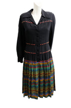 1980s Vintage Black Silk Shirt Dress with Geometric Skirt, UK10