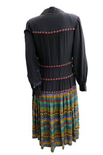 1980s Vintage Black Silk Shirt Dress with Geometric Skirt, UK10