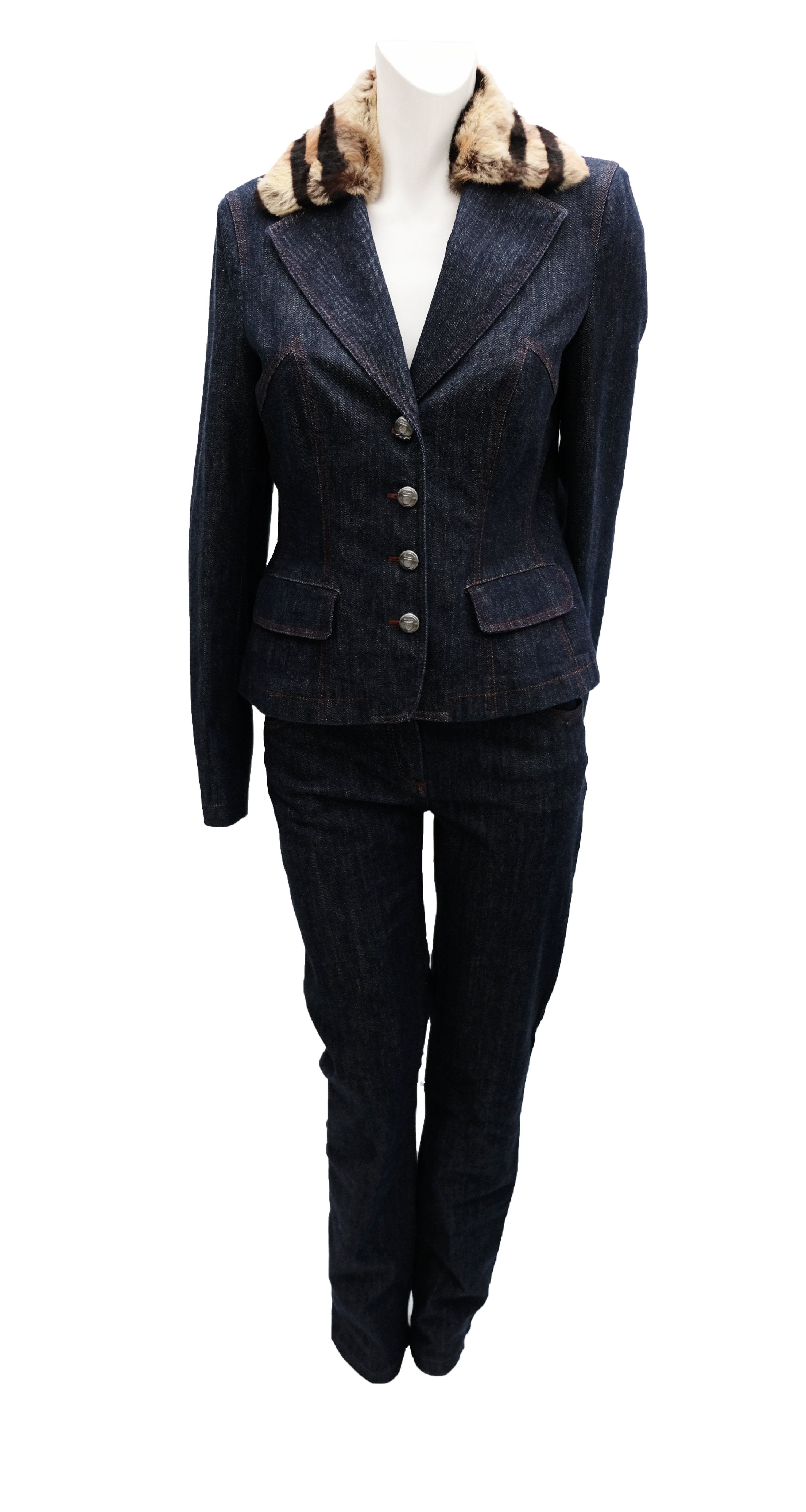 Vintage Denim Suit With top fur collar