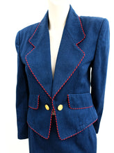 Guy Laroche Vintage Denim Skirt Suit with Red Piping, UK10