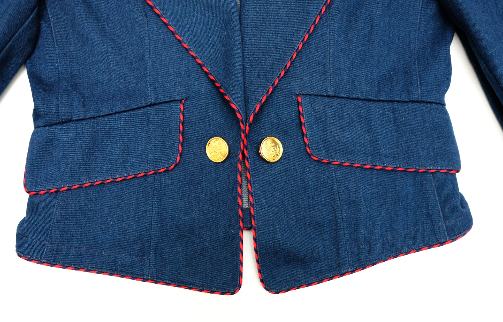 Guy Laroche Vintage Denim Skirt Suit with Red Piping, UK10