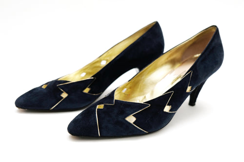 Kurt Geiger Vintage Court Shoes in Navy Suede with Gold Trim, UK6