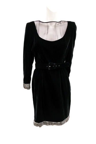 Valentino Vintage Black Velvet Dress Trimmed with Feathers, UK10