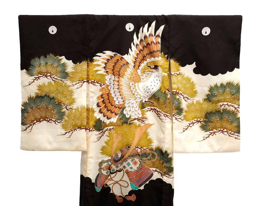 Vintage Child's Kimono in Black and White Jacquard Silk with Embroidered Eagle