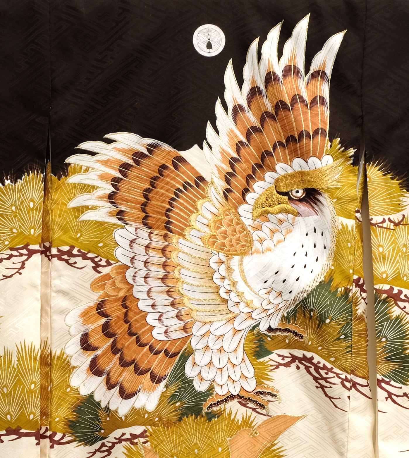 Vintage Child's Kimono in Black and White Jacquard Silk with Embroidered Eagle