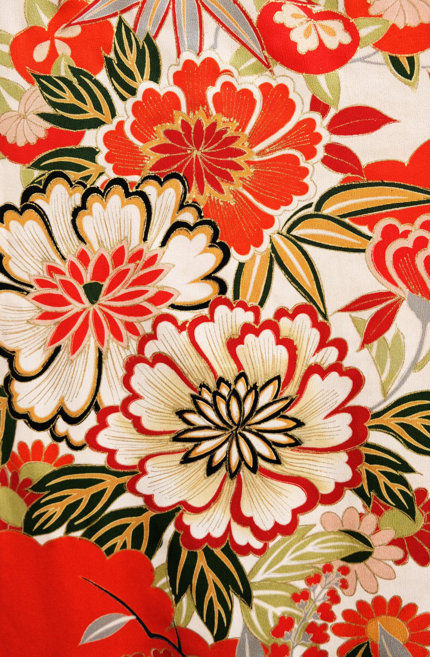 Vintage Kimono in Red, White, and Gold Floral Silk