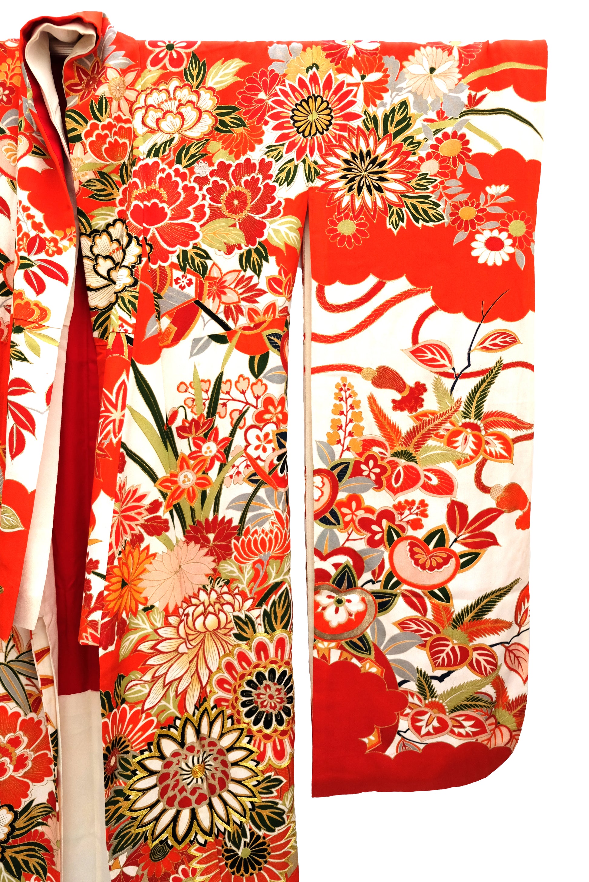 Vintage Kimono in Red, White, and Gold Floral Silk