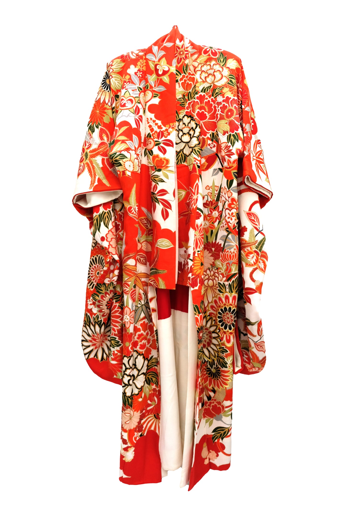 Vintage Kimono in Red, White, and Gold Floral Silk