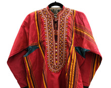Antique Central Asian Tunic in Red Silk with Gold Stripe and Embroidered Neck