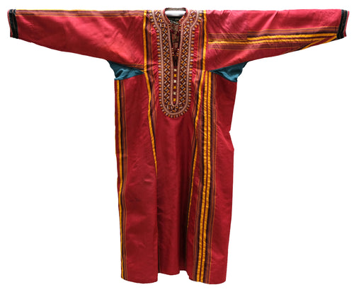 Antique Central Asian Tunic in Red Silk with Gold Stripe and Embroidered Neck