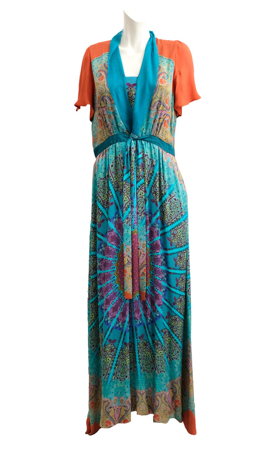 Etro Summer Maxi Dress in Turquoise & Orange Silk, UK14