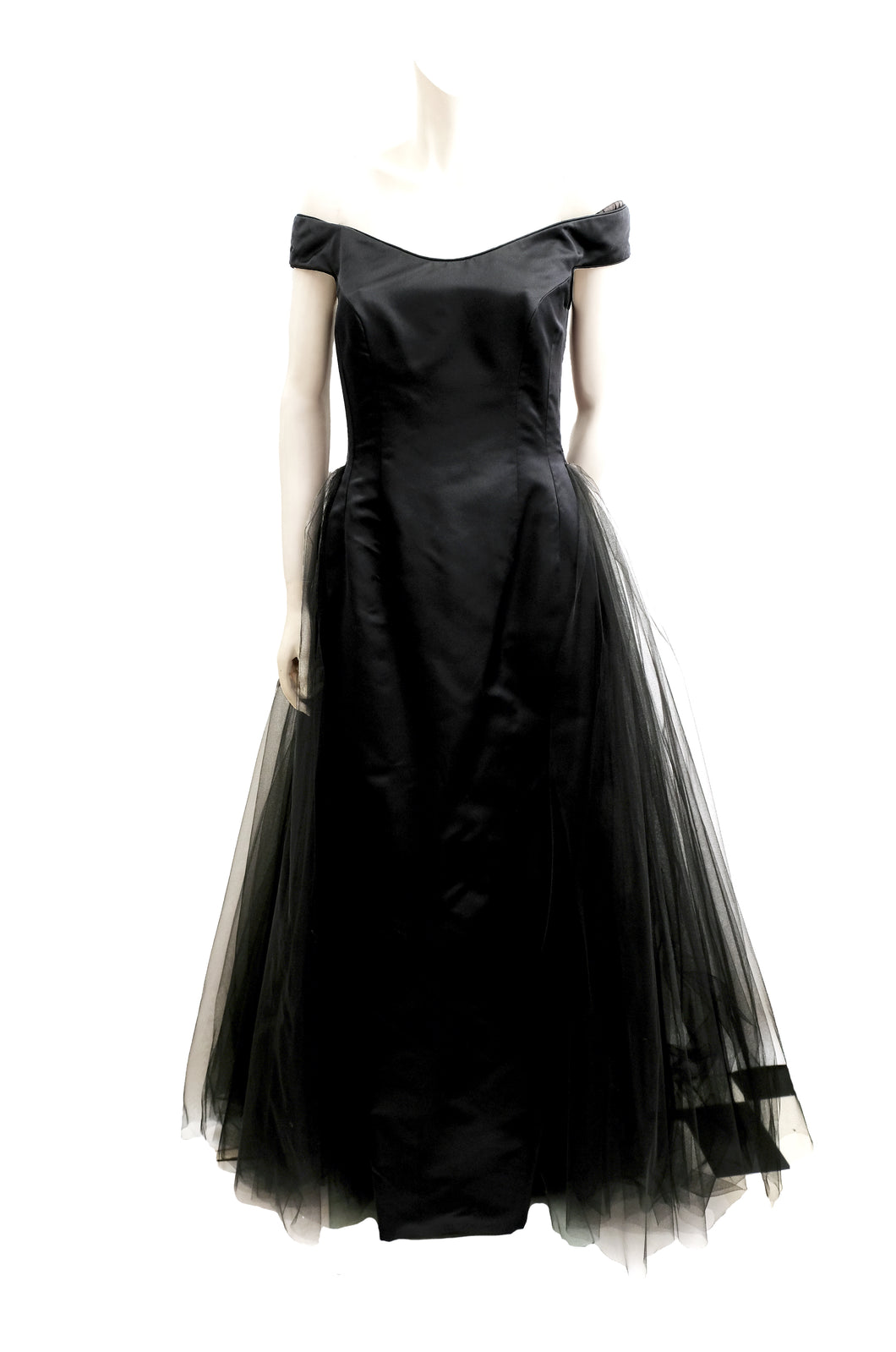 Helen Morley Black Satin and Tulle off-the-Shoulder Evening Dress, UK10
