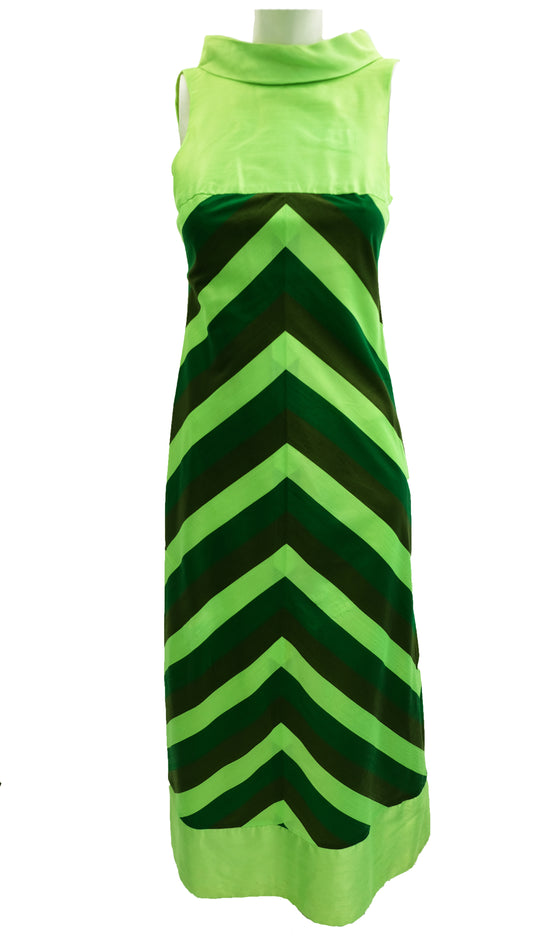 1960s Handmade Silk Maxi Dress with Diagonal Stripes, UK8