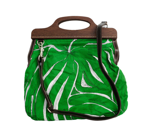 Miu Miu Tropical Leaf Print Cotton Handbag with Wooden Handles