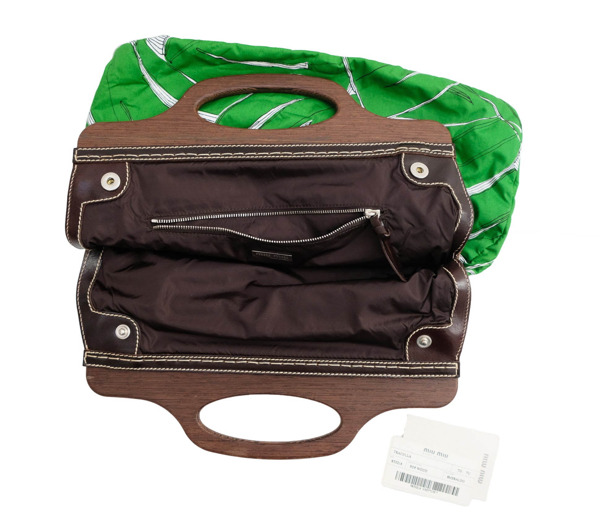 Miu Miu Tropical Leaf Print Cotton Handbag with Wooden Handles