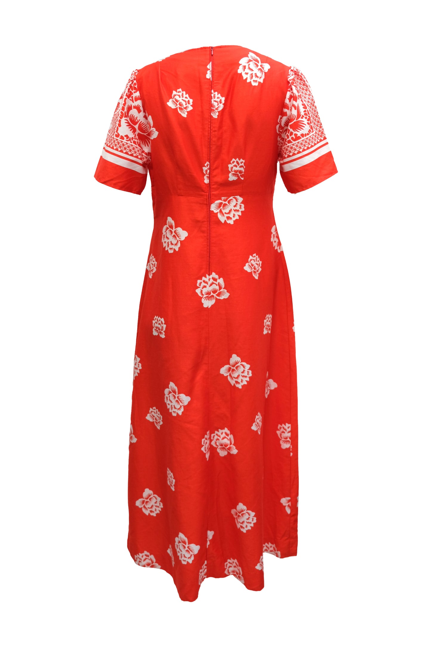 Mid Century Danish Maxi Dress in Red cotton with Floral Print, UK12-14