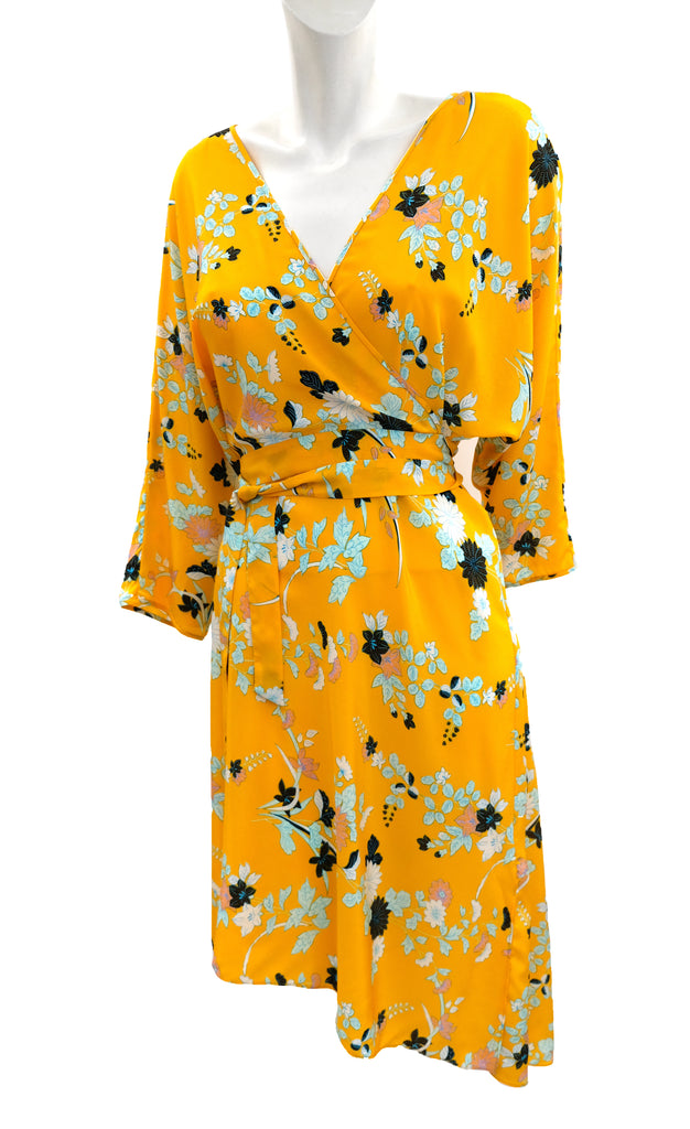Diane von Furstenberg Kimono Wrap Dress in Yellow Floral Silk, UK10 ...