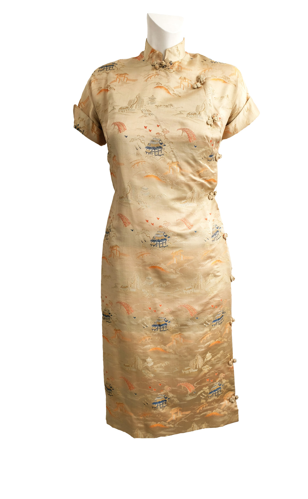 Vintage Cheong Sam in Gold Silk Brocade, UK10
