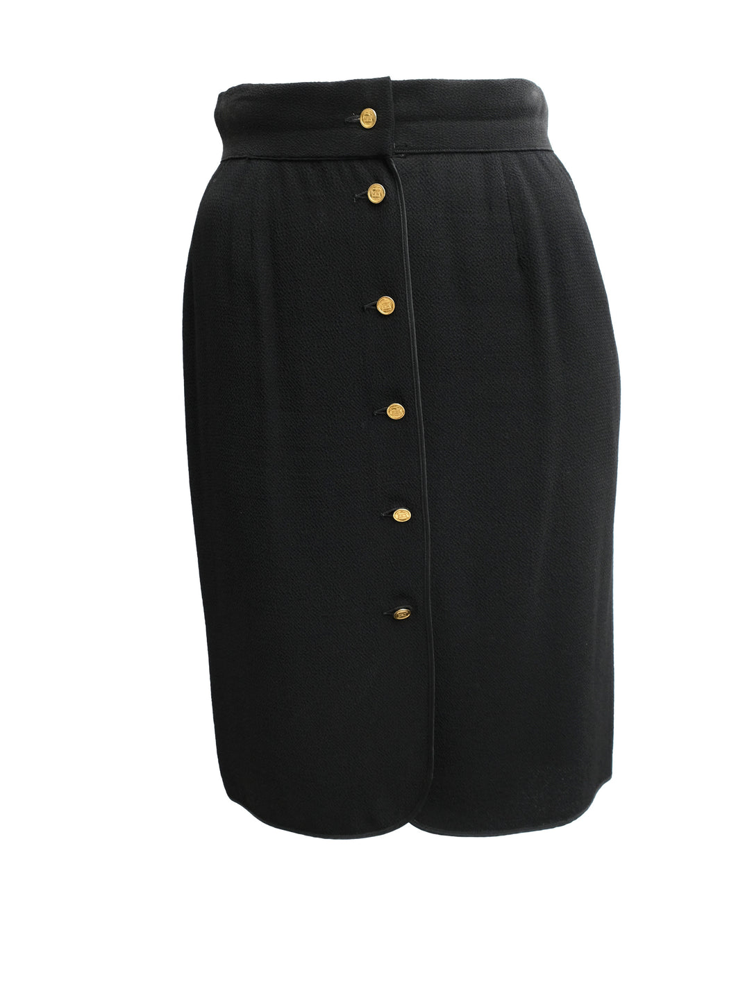 Chanel Vintage Button Through Skirt in Black Crepe with Gold Buttons, UK8