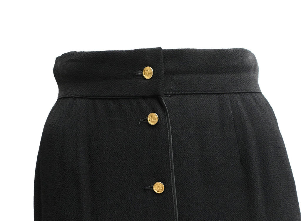 Chanel Vintage Button Through Skirt in Black Crepe with Gold