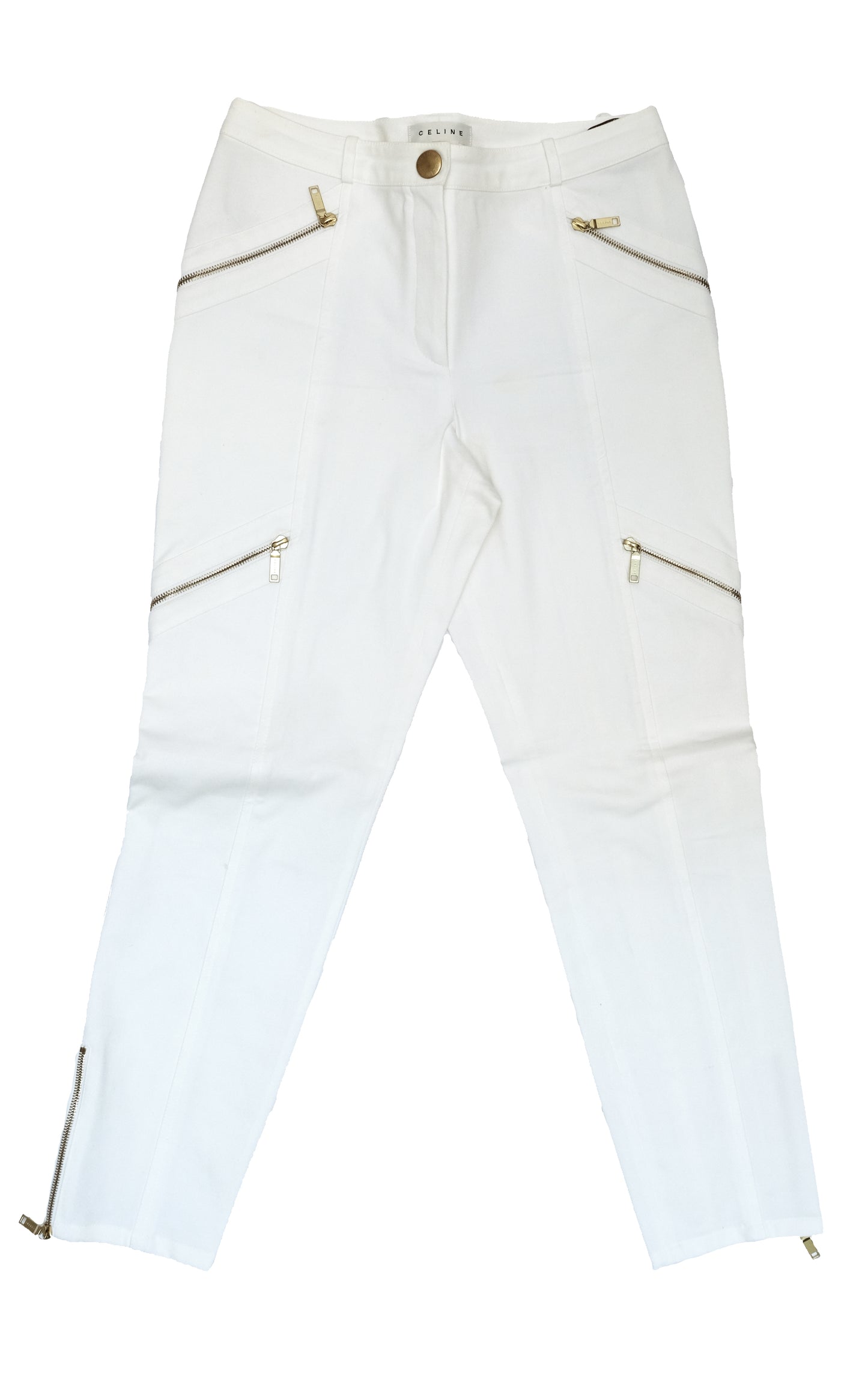 Celine 2 Piece Trouser Suit in Ivory Cotton with Gold Zips, UK10-12