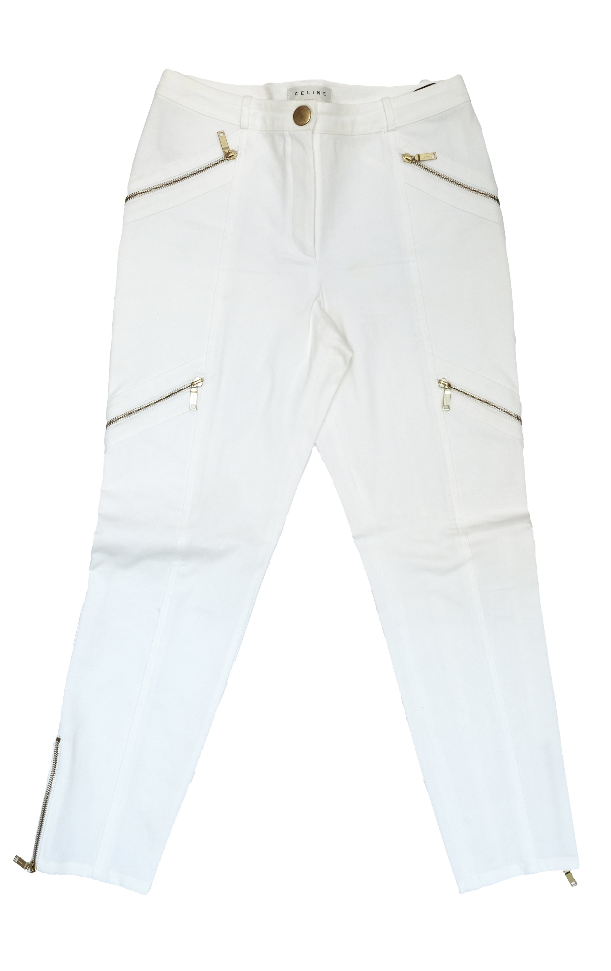 Celine 2 Piece Trouser Suit in Ivory Cotton with Gold Zips, UK10-12