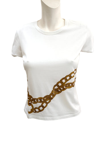 Celine White T Shirt with Chain Design, M