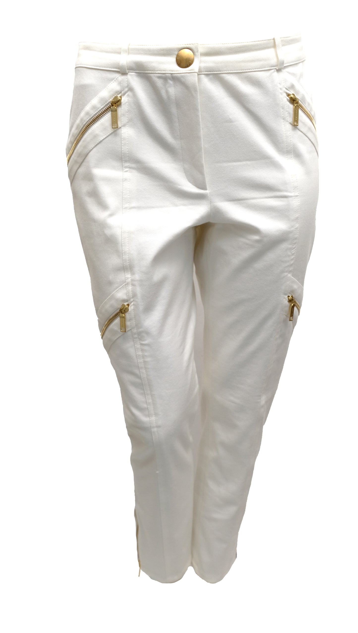 Celine 2 Piece Trouser Suit in Ivory Cotton with Gold Zips, UK10-12