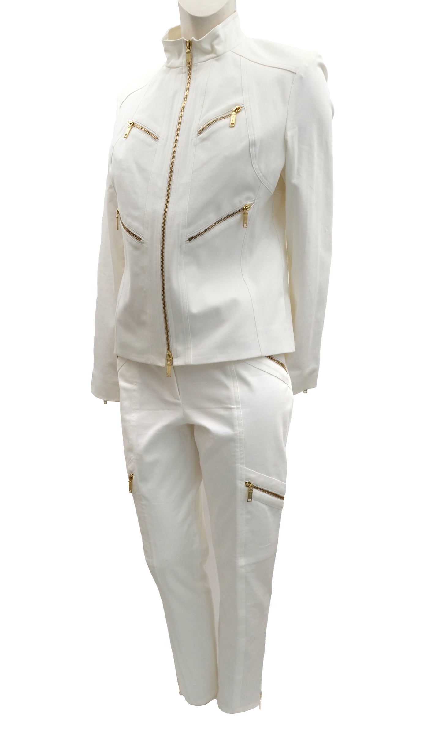 Celine 2 Piece Trouser Suit in Ivory Cotton with Gold Zips, UK10-12