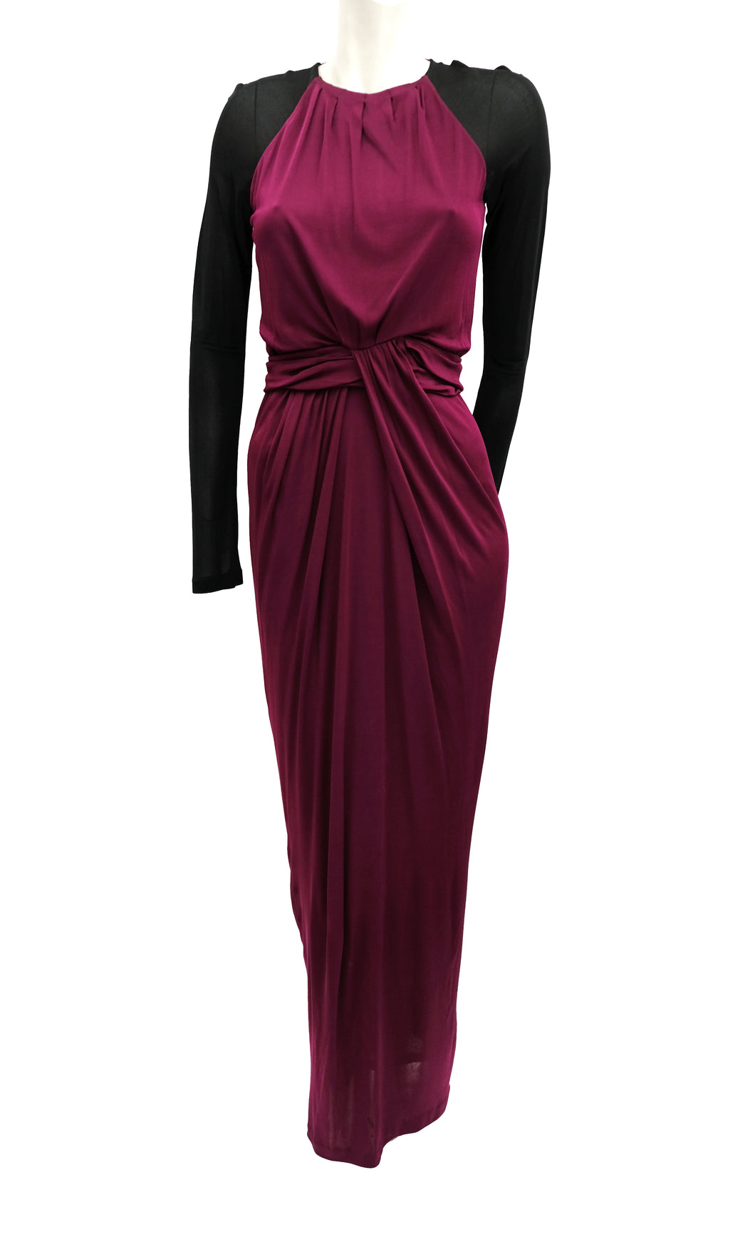 Hugo Boss Burgundy Floor Length Gown with Black Sleeves, UK10