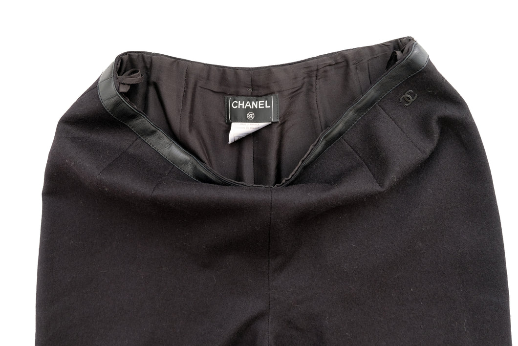 Chanel Vintage Trousers in Black Wool & Cashmere with Leather Trim