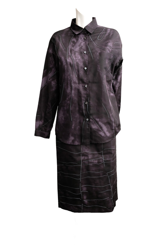 Prada Skirt & Shirt Set in Black Silk Faille with Abstract Print, UK10-14