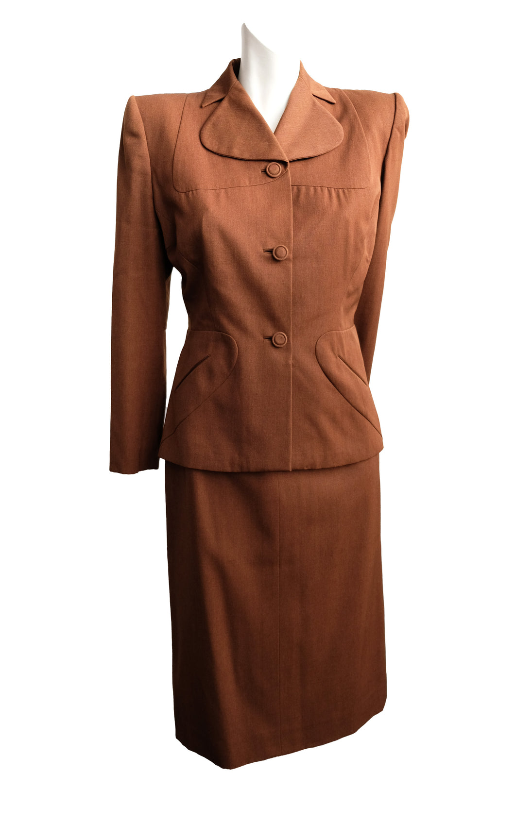 vintage 1940s suit // brown wool gabardine 40s suit // rare swing jacket  style! + sharp padded shoulders + envelope pointed pockets/sleeves -  Clothing