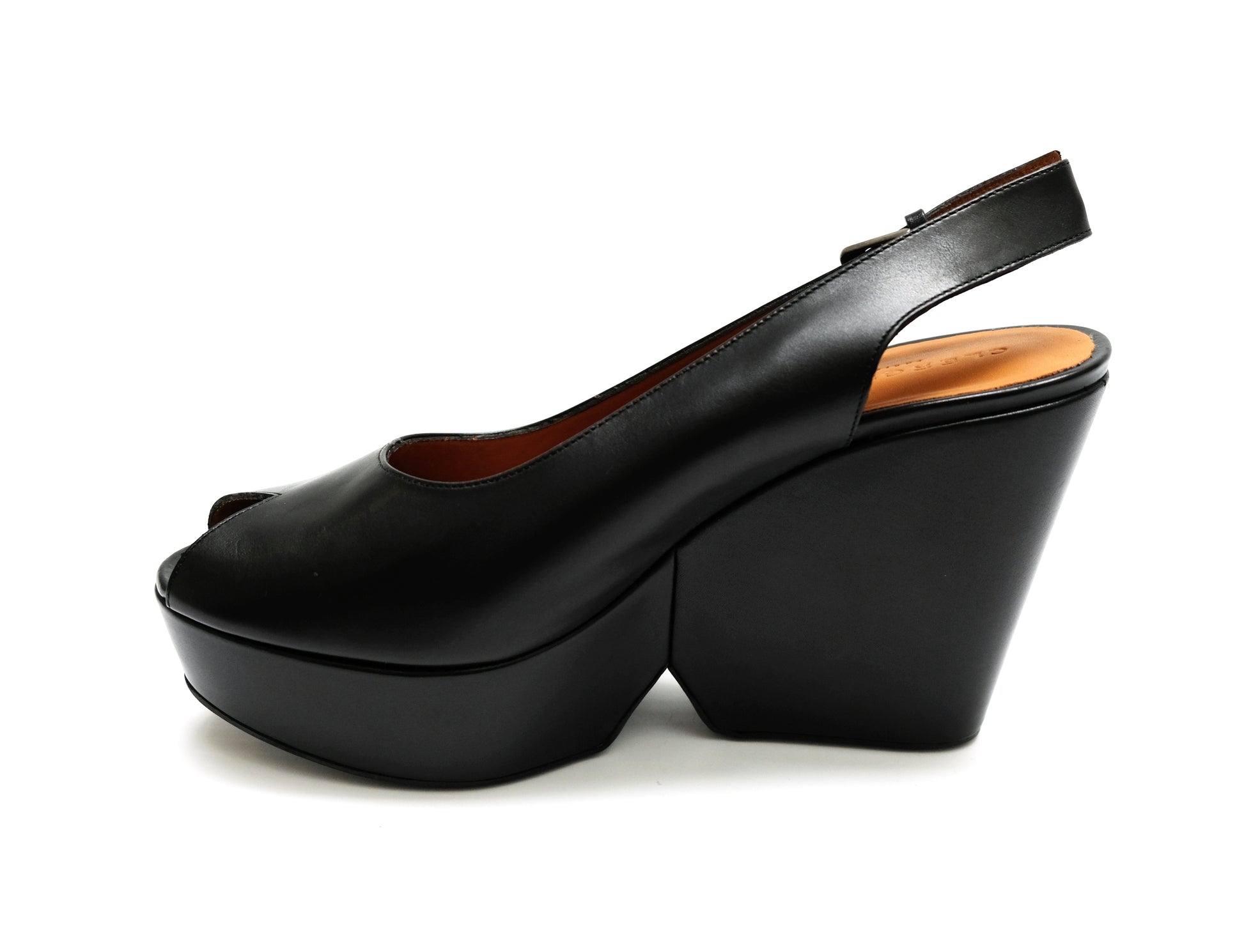 Robert Clergerie Peep Toe Slingback Platform Shoes in Black Leather, UK5.5-6