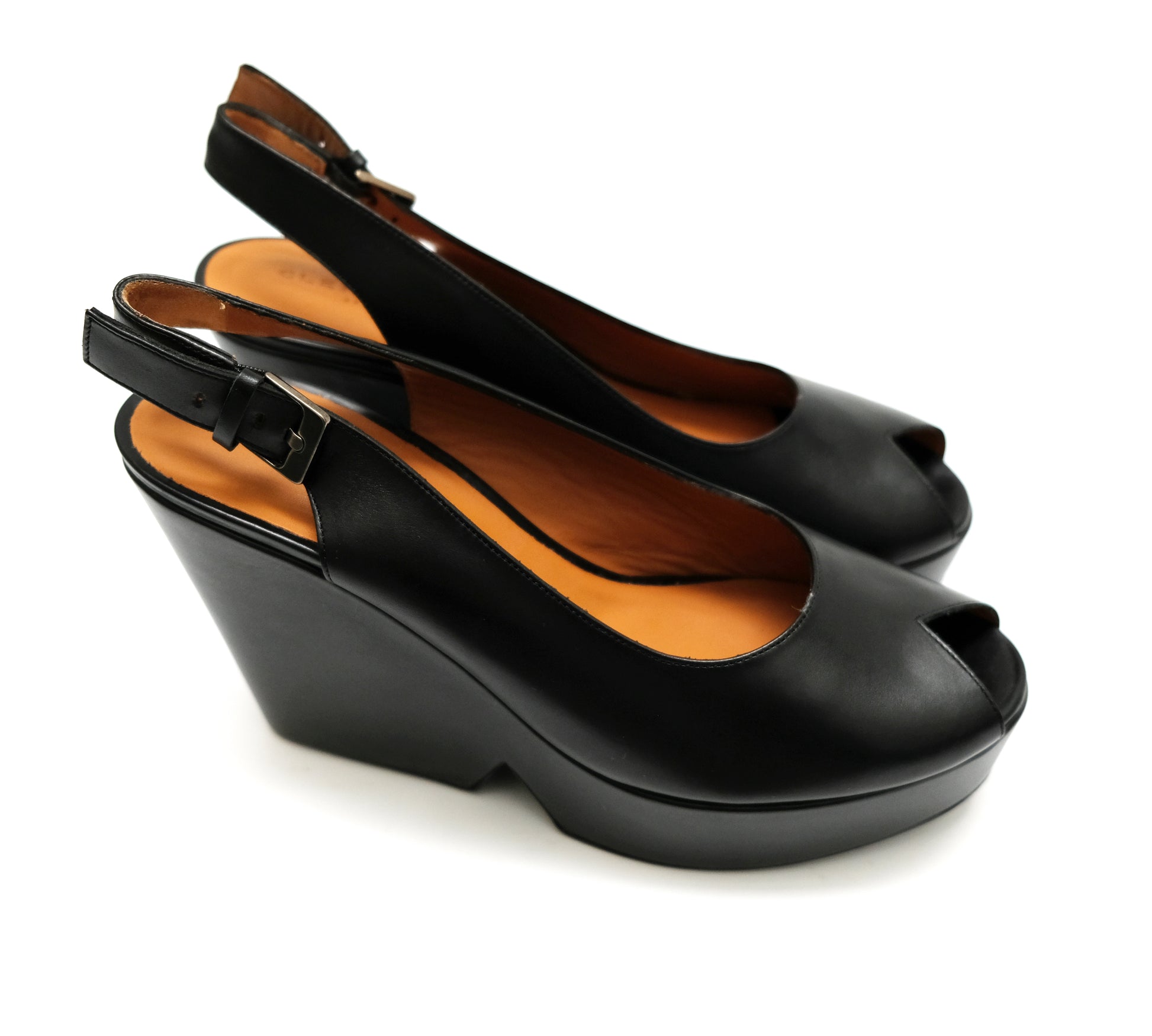 Robert Clergerie Peep Toe Slingback Platform Shoes in Black Leather, UK5.5-6