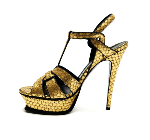 Yves Saint Laurent Gold Snakeskin Platform Sandals, UK5.5