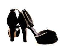 Sonia Rykiel Black Suede High Heel Platform Sandals with Ecru Flower Detail, UK6.5