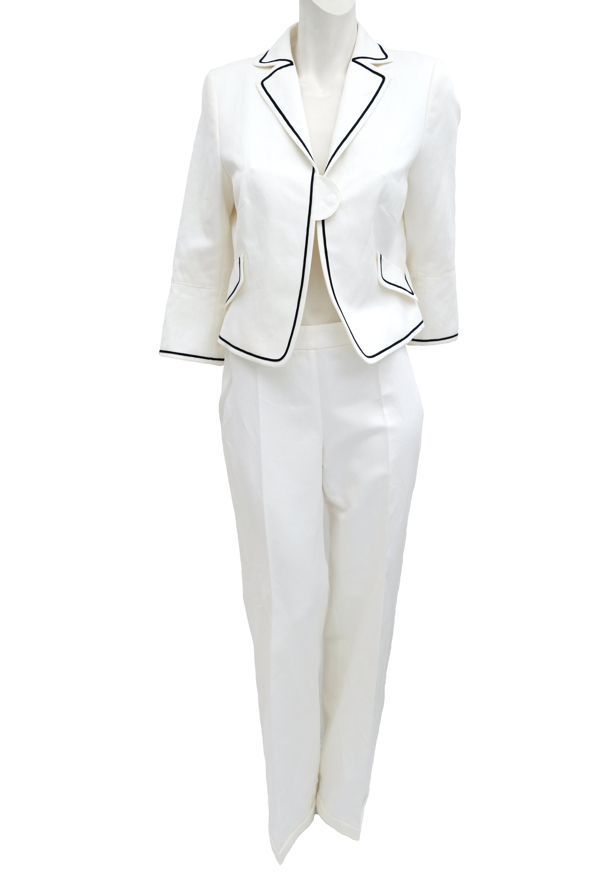 Akris White Trouser Suit with Navy Piping, UK10-12