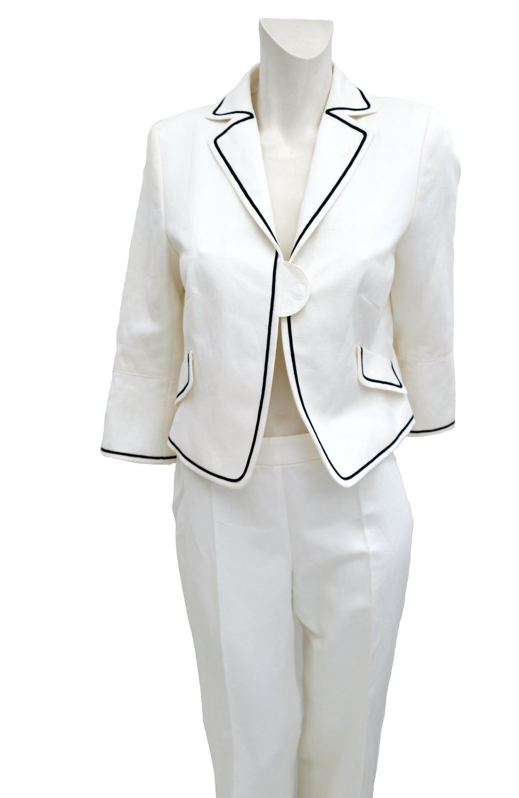 Akris White Trouser Suit with Navy Piping, UK10-12