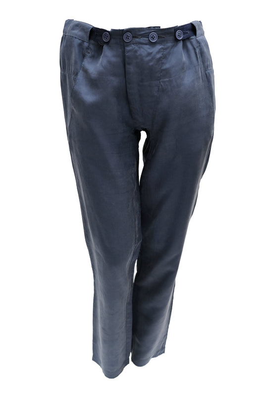 Martin Margiela Button Waist Trousers in Navy Blue Silk, UK12