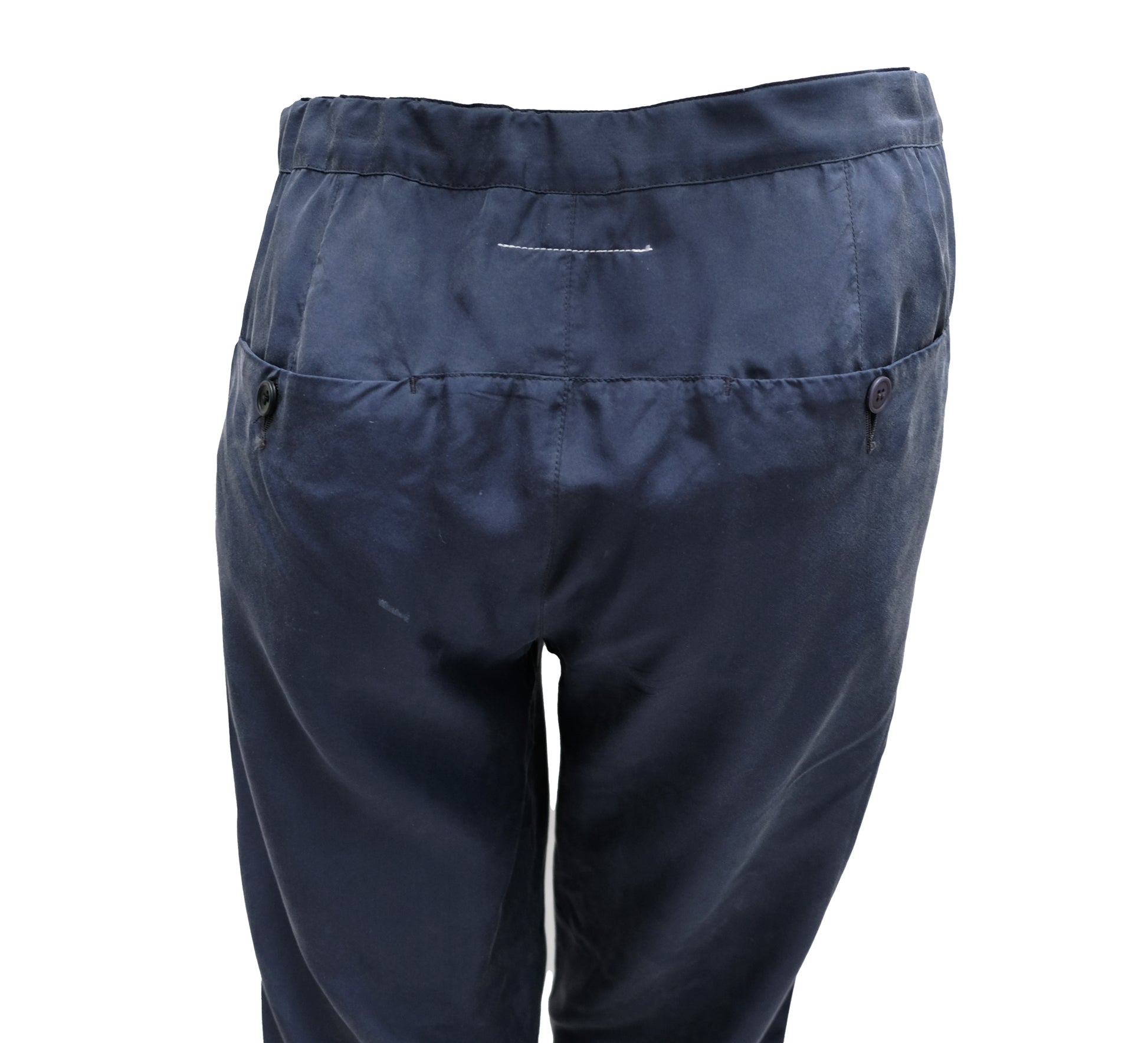 Martin Margiela Button Waist Trousers in Navy Blue Silk, UK12